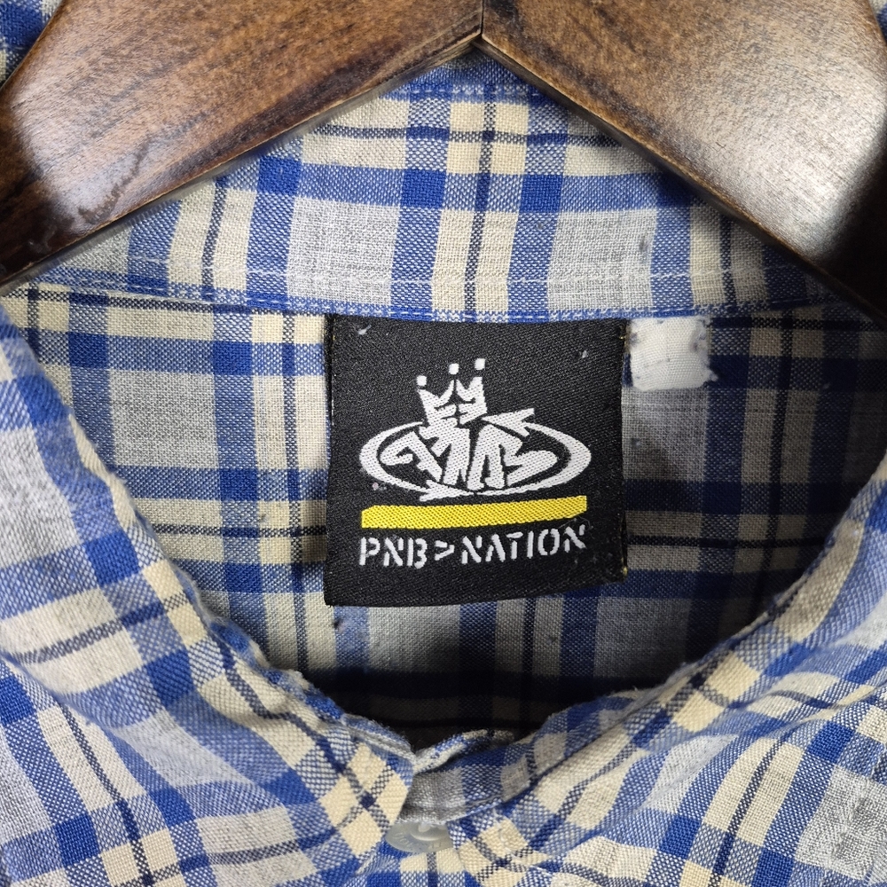 Vintage PNB Nation XL Blue Plaid Hidden Button Up Woven Shirt Streetwear Hip Hop - Picture 3 of 9